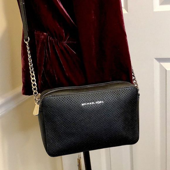 MICHAEL KORS Perforated Black Saffiano Crossbody with Silver Chain Leather Strap - Picture 2 of 15